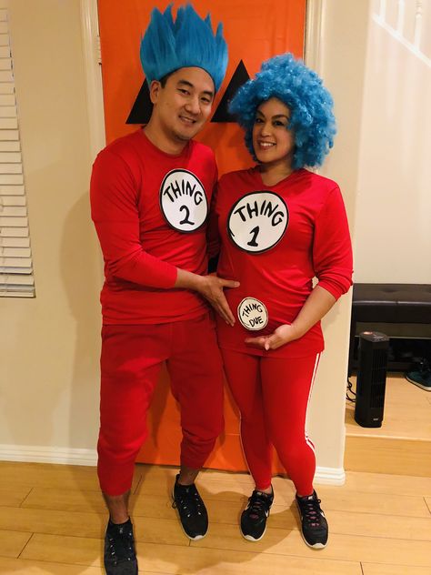 DIY Halloween Costume for a pregnant gal. Thing 1, Thing Due.  Al you need is: a comfortable red shirt & joggers, blue wig, card stock, sharpie & safety pins. They do sell a set with the 1&2 (didn’t use the shirt or gloves incl) Thing 1 Thing 2 Costume Couple, Thing One And Thing Two Costumes Diy, Thing 1 And Thing 2 Costumes, Thing One And Thing Two Costumes, Thing 1 Thing 2 Costume, Thing 2 Costume, Halloween Costumes Diy Couples, Duo Costumes, Costumes Diy