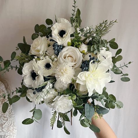 Dahlia And Anemone Bouquet, Wedding Winter Bouquets, Big White Wedding Bouquet, Cascading White Wedding Bouquets, Lings Moment Bouquet, White Flowers Bridal Bouquet, Bridesmaids Bouquets As Centerpieces, End Of Aisle Flowers, White And Sage Bouquet