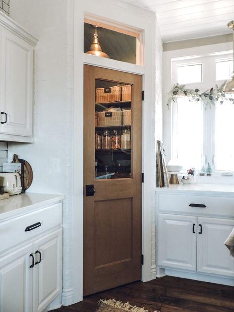 Our Kitchen Reveal - Berry Berry Quite Contrary Wood pantry door with transom window French Door For Pantry, Pantry With Transom Window, Window Above Pantry Door, Wood Stain Pantry Door, Walnut Pantry Door, Faux Wood Pantry Door, Solid Wood Pantry Door, Corner Pantry Next To Window, Dutch Pantry Door