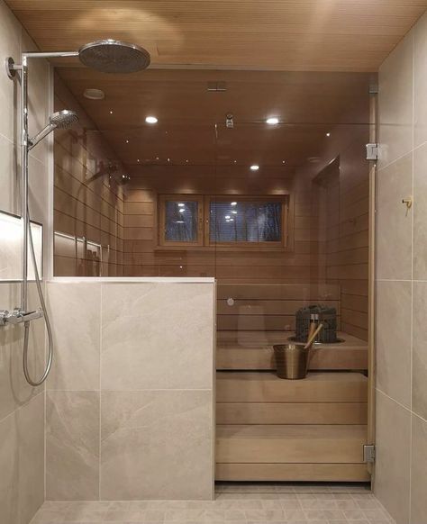 Built In Sauna Bathroom, Mini Sauna Bathroom, Indoor Home Spa, Sauna With Shower Indoor, Sauna Shower Combo Master Bath, Sauna Design Interior, Sauna In Bathroom, Bathroom With Sauna, Bathroom And Sauna