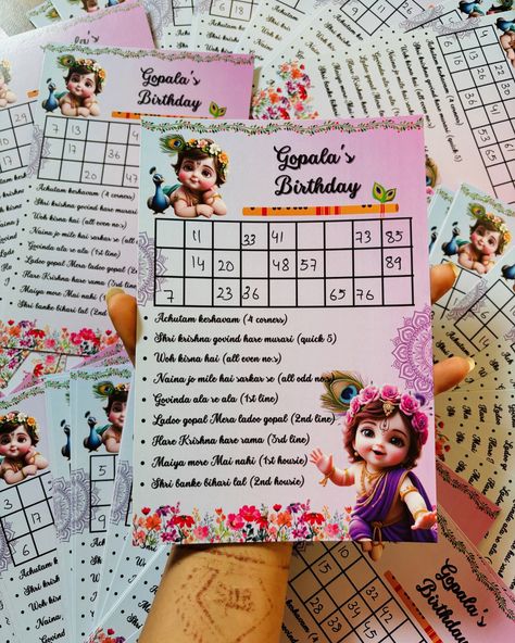 Custom Housie tickets for Janmashtami 💖🌸 WhatsApp 9679727880 to place your orders! #housie #tambola #games #tambolatickets #partygames #kittygames #birthdaygames Tambola Tickets, Tambola Game, 61 Birthday, Naming Ceremony, Kitty Games, Birthday Games, Hare Krishna, 10th Birthday, Party Games