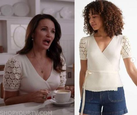 And Just Like That: Season 1 Episode 4 Charlotte's White Corchet Shoulder Top | Shop Your TV Charlotte York Outfits Season 1, Charlotte York Outfits Satc, And Just Like That Outfits Charlotte, And Just Like That Charlotte, Charlotte York Outfits And Just Like That, Charlotte Just Like That, Charlotte York Pregnant, Charlotte York, Kibbe Romantic