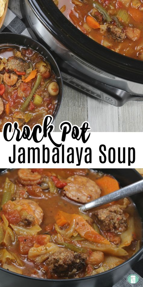 Hearty crock pot Jambalaya soup for cold or rainy days. Make it as a freezer meal to save even more time. #freezermeals101 #jambalaya #creole #cajun #soup #crockpotrecipes Jumbilyia Soup, Crock Pot Jambalaya, Jambalaya Soup, Freezer Soups, Freezer Prep, Slow Cooker Jambalaya, Best Freezer Meals, Freezer Meal Planning, Cajun Dishes