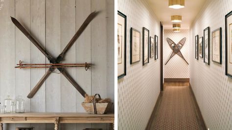 Antique Wall Decor: Bringing Your Walls To Life With Antiques - Ski Country Antiques & Home Small Ski Chalet Interior, Antique Skis On Wall, Hanging Skis On Wall, Vintage Skis On Wall, Ski Condo Kitchen, Skis On Wall, Rustic Ski Lodge Decor, Ski Cabin Interior, Ski Lodge Aesthetic