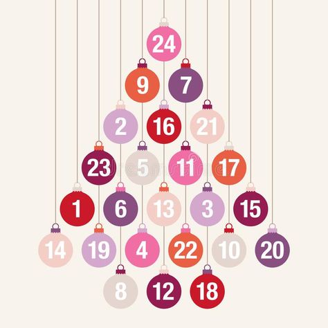 Christmas Ornaments Graphic, Advent Calendar Illustration, Advent Calendar Graphic Design, Advent Calendar Graphic, Abstract Christmas Tree, Calendar Graphic, Hanging Baubles, Pink Orange Purple, Craft Presents