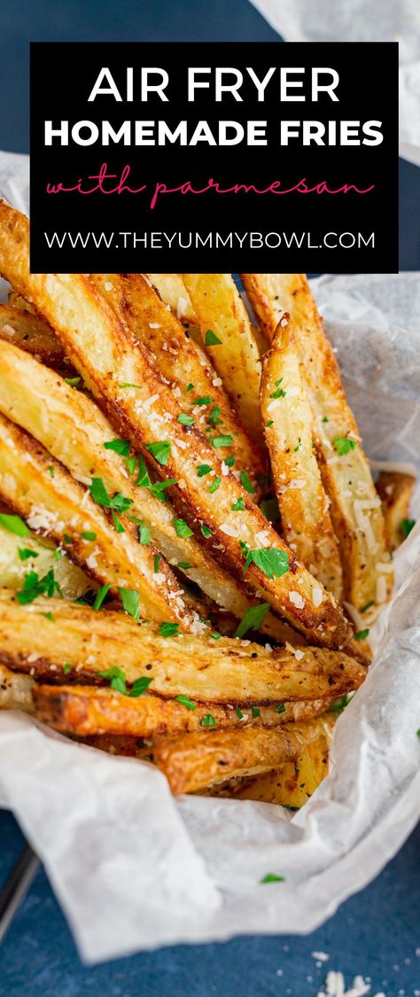 These Air Fryer French Fries are fresh, crispy, cheesy and a healthy homemade alternative to traditional deep-fried restaurant appetizers. Not only will your kids love these, but you’ll also appreciate how little it takes to make fries in an air fryer. Healthy French Fries, Air Fry French Fries, Parmesan Truffle Fries, Air Fryer French Fries, Restaurant Appetizers, Homemade Fries, French Fries Recipe, Crispy French Fries, Bite Size Food