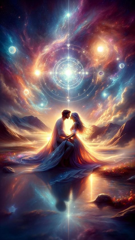 An ethereal depiction of love, this couple cosmic art captures divine masculine and divine feminine in a symphony of celestial romance. The painting portrays a bride and groom woven into stardust. Their inherent strength is unveiled as they heal through blocks to their twin flame union, showcasing an eternal give and take in this cosmic dance of love. Such expressions of divine love glimpse into the transformative power of connection and union, unifying both earthly and heavenly realms. Twin Flame Relationship, Moonlit Sky, Cosmic Art, Romance Art, Whatsapp Dp Images, Geometric Forms, Under The Moon, Twin Flames, Romantic Art