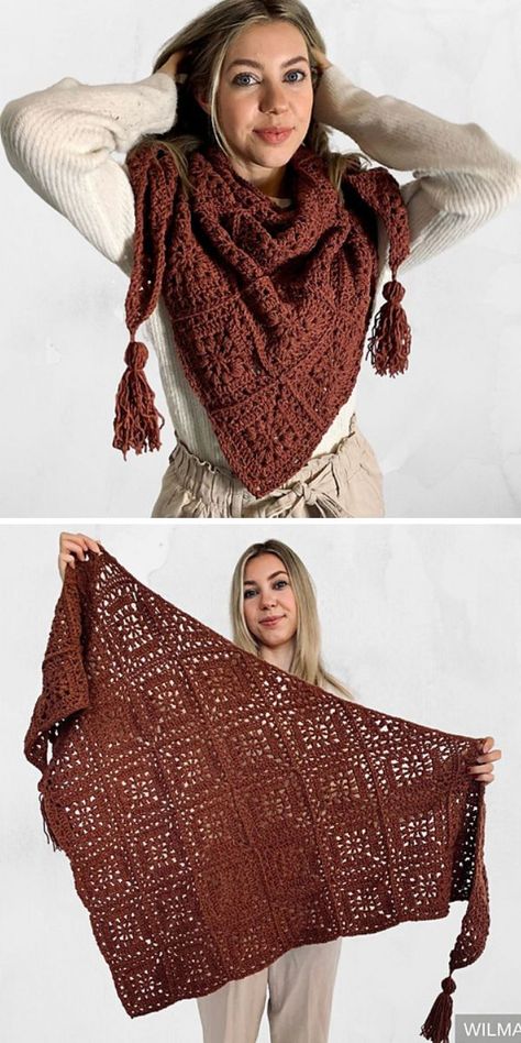 Crochet Granny Shawl, Granny Square Shawl Pattern Free, Granny Square Shawl, Crochet Triangle Shawl Pattern, Crochet Shawl Free, Boho Shawl, Crochet Wrap Pattern, Ombre Yarn, Crochet Table Runner Pattern