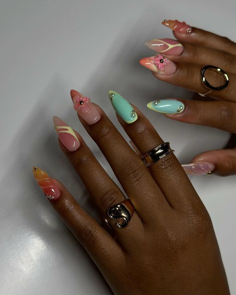 Summer cruise ready!! 🍹🍸🕶️🌞☀️ #dovenailsbysharon Caribbean Vacation Nails, Summer Almond Nails, Jade Nails, Summer Cruise, Caribbean Vacation, Tropical Nails, Sassy Nails, Almond Nails Designs, Almond Acrylic Nails