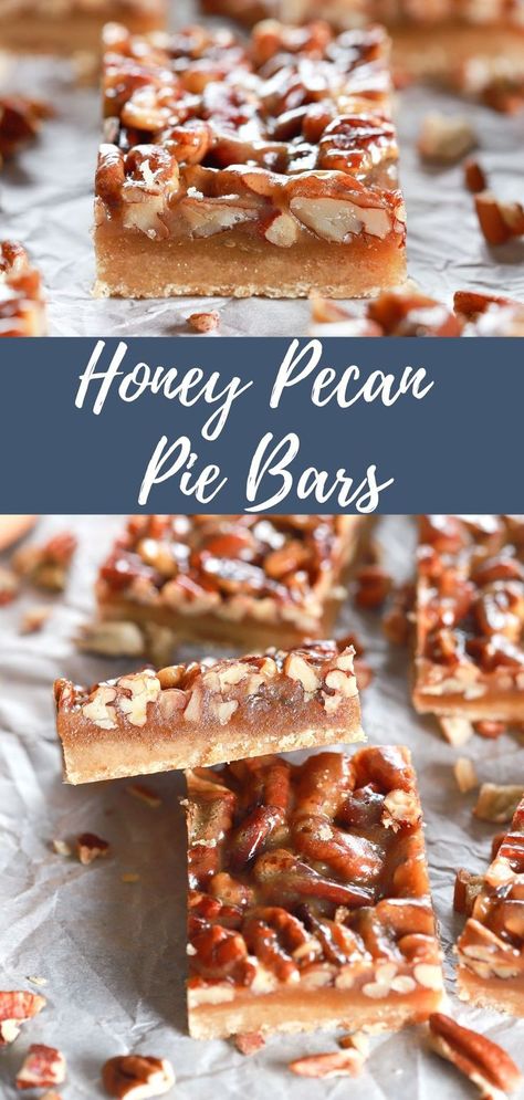 Honey pecan pie bars on a piece of white parchment paper with chopped pecans scattered around them Pecan Honey Pie, Honey Bars Recipe, Healthy Pecan Desserts, Recipes Using Corn Syrup, Pecan Pie Bars Without Corn Syrup, Pecan Pie Bars No Corn Syrup, Honey Sweetened Desserts, Pecan Pie With Honey, Honey Deserts