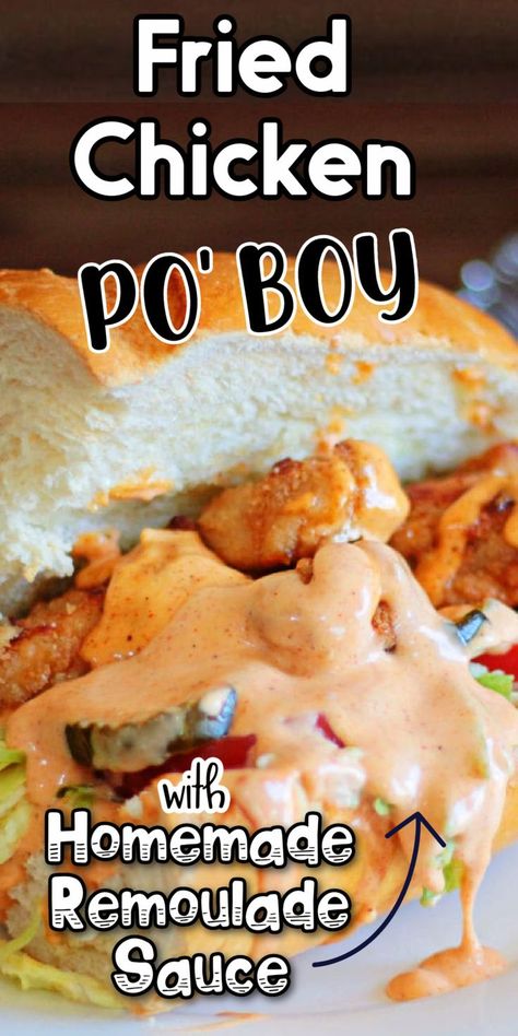 Chicken Poboy Sandwich Recipe, Fried Chicken Sandwich Ideas, Po Boys Sandwiches, Chicken Patty Sandwich Recipes, Poorboy Sandwich Recipe, Oyster Poboy Sandwich, Poboy Sauce, Fried Shrimp Poboy Sandwich, Poor Boy Sandwich Recipes