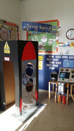 Space Station role play area for my Foundation 2 class. They're really into rockets and loved being astronauts! Space Role Play Area Eyfs, Space Dramatic Play Preschool, Space Station Dramatic Play, School Diy Ideas, Space Inquiry, Space Theme Preschool, Space Week, Space Lessons, Space Preschool