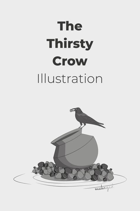 The Thirsty Crow Illustration, Bird illustration, Crow Finding Water, Pottery Illustration Water Pottery, Crow Story, Birds Drinking Water, Pottery Illustration, Thirsty Crow, Crow Illustration, Save Water Poster, Crows Drawing, Illustration Concept Art