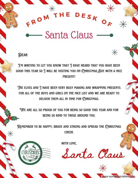 Free Printable Letters From Santa Claus, Elf Santa Letters, Santa Response Letter, Santa Clause Letter Template, Diy Santa Letter, Free Letters From Santa Printable, Dear Santa Template, From Santa Letter Printable, Blank Letter From Santa Free Printable