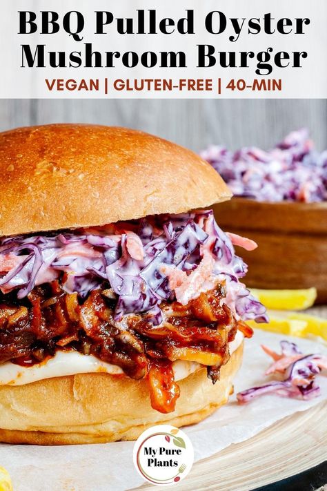 Pulled Mushroom Bbq, Bbq Pulled Mushrooms, Vegetarian Mushroom Burger, Pulled Pork Mushrooms, Mushroom Pulled Pork Vegan, Pulled King Oyster Mushrooms, Pulled Oyster Mushroom, Oyster Mushroom Burger Recipe, Shredded Oyster Mushrooms