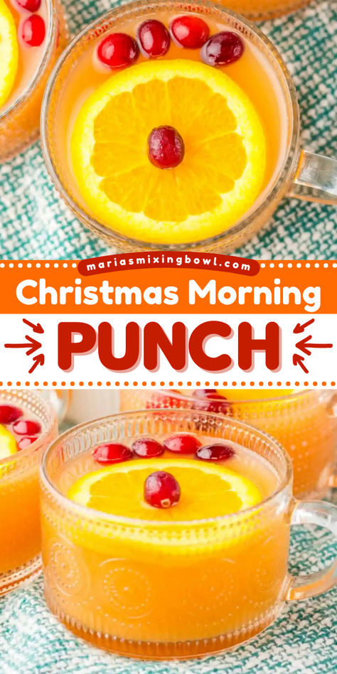 Celebrate with this non-alcoholic Christmas Morning Punch! With a delicious combo of sweet and tangy fruit juices, this Christmas punch is a perfect holiday drink recipe. Feel free to add vodka or champagne and turn it into an easy Christmas cocktail! Christmas Morning Punch Champagne, Christmas Brunch Beverages, Christmas Punch Recipes Non Alcoholic Ginger Ale, Christmas Morning Beverages, Christmas Juice Recipe, Holiday Brunch Drinks, Non Alcohol Punch Recipes, Christmas Morning Alcoholic Drinks, Thanksgiving Punch For Kids