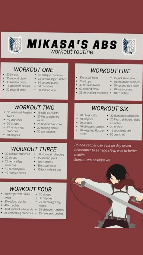 Mikasa Abs Workout, Mikasa Workout, Vertical Leg Crunches, Abs Routine, Calisthenics Workout For Beginners, Straight Leg Raise, Scissor Kicks, Oblique Crunches, Crunches Workout