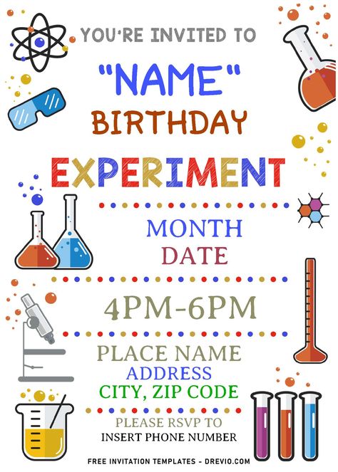 Free (Free Editable PDF) Explosive Fun Mad Science Party Invitation Templates Hi, everyone! My daughter wanted to take her friends to sleep over, doing some cute experiment for her 8th Birthday. This was our first party with this kind of concept, so it was a little hard to tone... Science Party Printables, Science Invitations, Science Party Invitations, Science Themed Party, Science Birthday Party Ideas, Scientist Birthday Party, Mad Science Party, Scientist Birthday, Bday Party Invitations