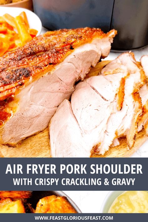 This recipe for for Air Fryer Pork Shoulder Joint keeps things really simple! This favourite pork roasting joint is quick cooked for gorgeously juicy meat and the generous layer of fat air fries into the most deliciously crunchy crackling layer! Plus I've included instructions to make a delicious and simple gravy with the juices.  #FeastGloriousFeast Air Fryer Pork Shoulder, Pork Shoulder Air Fryer Recipe, Air Fry Pork Roast, Pork Shoulder Steak Recipes Air Fryer, Air Fryer Pork Roast Bone In, Pork Roast Air Fryer Recipe, Air Fryer Pork Shoulder Roast, Roast Pork Crackling, Air Fried Green Beans