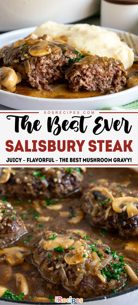 This Low-Carb Salisbury Steak with Mushroom Gravy is a delicious and healthy twist on a comfort food classic! Juicy beef patties are smothered in a rich, creamy mushroom gravy, making it the perfect hearty meal for any night. Plus, it's easy to make and keto-friendly! Satisfy your cravings without the carbs. #LowCarbRecipes #SalisburySteak #MushroomGravy #KetoFriendly #HealthyDinner #EasyRecipes #ComfortFood #LowCarbDinners #KetoMeals #QuickDinnerIdeas Homemade Saulsberry Steak, Best Ever Salisbury Steak Recipe, Salsberry Steak With Mushroom Gravy, Healthy Salisbury Steak, Salisbury Steak Recipe Oven, Keto Salisbury Steak Recipe, Salisbury Steak Recipe Easy, Keto Steak Recipes, Keto Salisbury Steak