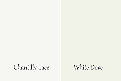 Chantilly Lace by Benjamin Moore is a bright white paint color. It's very often used on trim, doors, and cabinetry as well as walls. Today we will go over all the details of this gorgeous color. Chantilly Lace Vs White Dove, Benjamin Moore Chantilly Lace, Chantilly Lace Benjamin Moore, Benjamin Moore Simply White, White Dove Benjamin Moore, Off White Paint Colors, White Paint Color, Greige Paint Colors, Benjamin Moore White