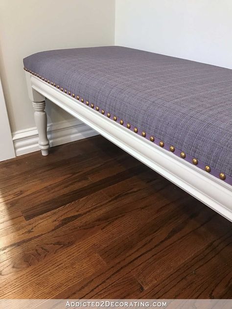 DIY Upholstered Dining Room Bench (Finished!) – How To Upholster The Seat How To Upholster A Bench With Back, Diy Upholstered Coffee Table, Reupholster Bench Seat, Bench Upholstery Diy, Diy Reupholster Bench, Reapolstering Bench Seat, Diy Velvet Bench, Diy Tufted Bench, Refurbished Bench With Cushion