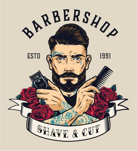 Barbershop Logo, Vintage Barbershop, Shaving Cut, Barber Logo, Tattoo Background, Barbershop Design, Vintage Barber, Barber Shop Decor, Vector Graphics Design