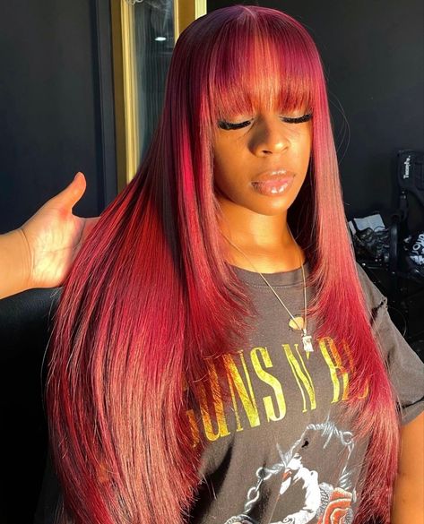 Curls Layers, Sew In Straight Hair, Custom Color Wigs, Red Hair With Bangs, Bangs For Black Women, Human Hair Wigs With Bangs, Straight Human Hair Wigs, Red Wig, Quick Weave Hairstyles