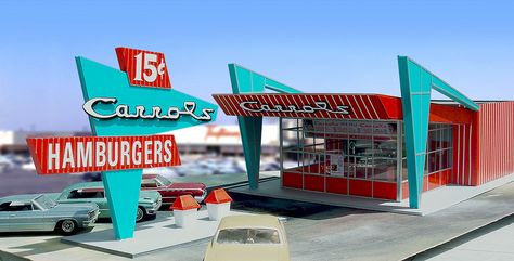 miniature Carrols Drive-In restaurant | Flickr - Photo Sharing! Miniature Diner, Miniature Restaurant, Googie Architecture, Scale Model Building, Hot Wheels Garage, Vintage Diner, Retro Diner, American Diner, Miniature Printables