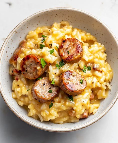 Sausage And Rice Recipe - sandyrecipes.com Quick Easy Sausage Dinner, Kalbasa Rice Recipes, Kabasa Sausage And Rice Recipes, Creamy Rice And Sausage, Sausage And Yellow Rice Recipes, Dinner Ideas With Chicken Sausage, Easy Weekday Dinner Ideas, Easy Andouille Sausage Recipes, Mild Sausage Recipes Dinners