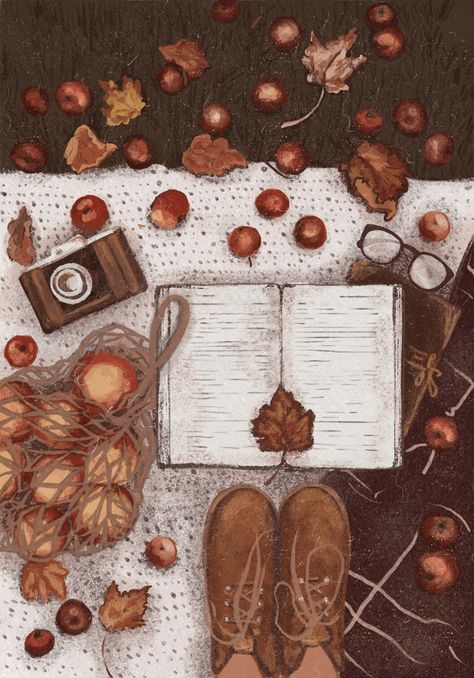 Autumn Art Aesthetic, Cozy Autumn Art, Autumnal Illustration, Autumn Composition, Autumn Drawings Aesthetic, Autumn Wallpaper Drawing, Autumnal Drawings, Autumn Pictures Art, September Illustration