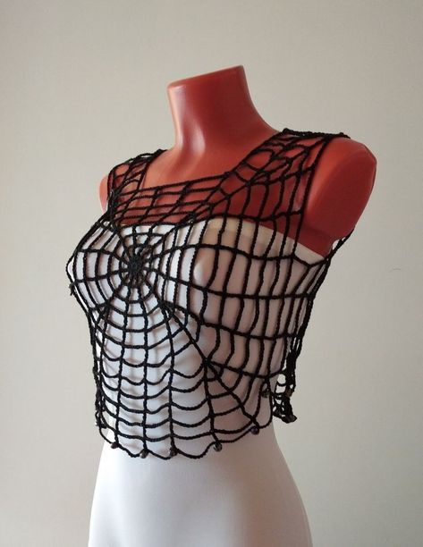 Black Crochet Top Pattern, Spiderweb Top Crochet Pattern, Halloween Crochet Outfits, Crochet Spider Web Top Pattern Free, Grunge Crochet Pattern, Alternative Crochet Clothes, Crochet Ribcage, Goth Crochet Ideas, Grunge Crochet Ideas