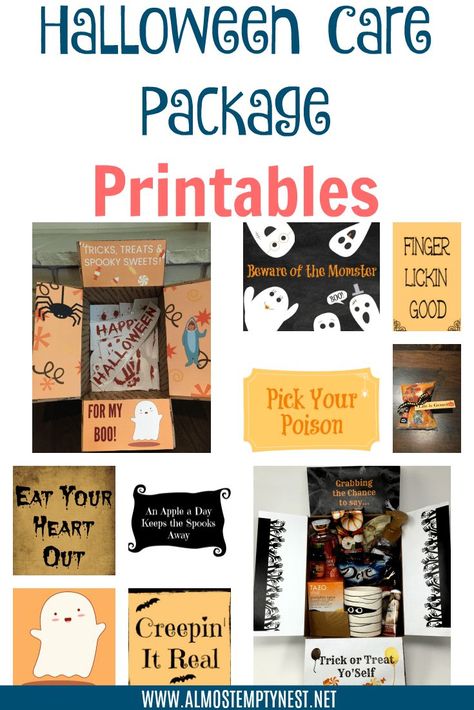 Halloween Care Package Printables: Send your favorite college student, military member, or anyone who needs a boost a Halloween Care Package with these Halloween Care Package Ideas and Halloween Care Package FREE Printables #almostemptynest #halloweencarepackage #carepackage #carepackageideas #collegecarepackages #collegecarepackageideas #halloweencarepackageideas Themed Care Package Ideas, Halloween Care Packages For College Kids, Halloween Care Package Military, Halloween Care Package College, Fall Care Package, Halloween Package, Diy Care Package, Halloween Care Packages, Missionary Care Packages