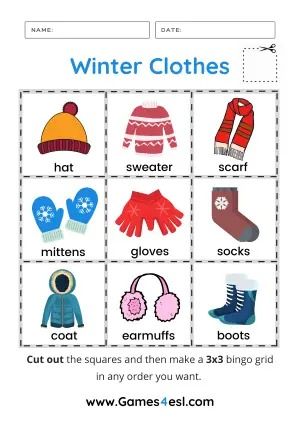 Winter Clothes Worksheets | Games4esl Clothes Worksheet, Teach English To Kids, Clothing Themes, Kids Winter Outfits, Winter Work, English Language Learners, Vocabulary Worksheets, Free Printable Worksheets, Language Learners