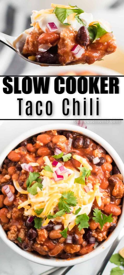 Slow Cooker Taco Chili is the ULTIMATE hearty comfort food. It's warm, meaty, and has a slight kick to keep you wanting more! #RealHousemoms #slowcooker #crockpot #taco #chili #easydinner #turkey Taco Chili Recipe, Steak And Mashed Potatoes, Slow Cooker Taco, Crockpot Taco, Taco Chili, Chili Chili, Zoodle Recipes, Crock Pot Tacos, Chili Recipe Crockpot