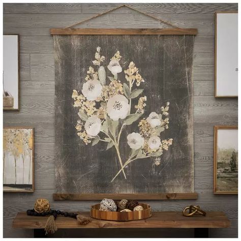 Vintage Flowers Tapestry Canvas Wall Decor | Hobby Lobby | 2177822 Floral Wall Tapestry, Hanging Scroll Wall Decor, Tapestry Hiding Tv, Above Tub Wall Decor, Vaulted Ceiling Living Room Wall Decor, Decor For Large Wall Space, Hobby Lobby Wall Decor Ideas, Cozy Vintage Home, Vintage Mantle Decor