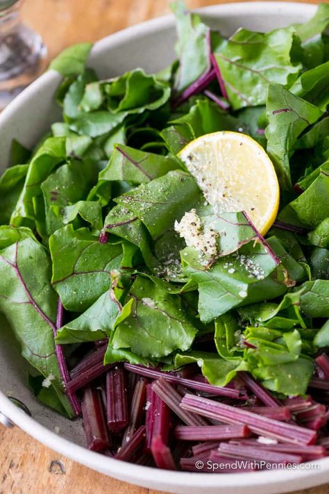 Fresh Beet stems and leaves are tossed with garlic and lemon and cooked until tender. This is my new favorite way to enjoy beet greens! Beet Stems And Leaves, Beets Recipe Ideas, Beet Stems, Beet Greens Recipe, Beet Green Recipes, Beet Leaves, Sauteed Beet Greens, Beets Recipe, Ellie Krieger