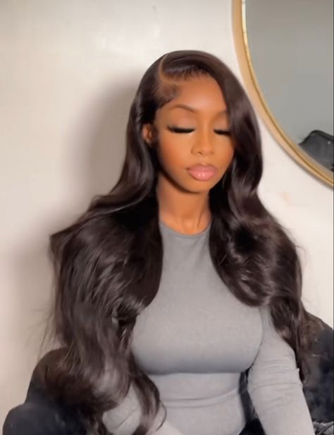 Dark Brown Hair Side Part, Buss Down Middle Part Curls, Middle Part Curls, Wig Installation, Strapless Dress Hairstyles, Weave Hairstyles Braided, Braided Hairstyles For Black Women Cornrows, Dope Hairstyles, Business Hairstyles