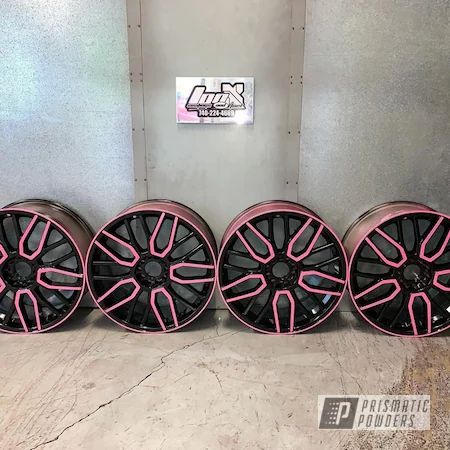 Powder Coating: Wheels,Lazer Pink PMB-0659,2 Tone,Rims,Heavy Black Metallic PMB-0223,19" Aluminum Rims Black Car With Pink Rims, Powder Coating Wheels, Car Upgrades, Pink Wheels, Truck Rims, Pink Rims, Car Things, Pink Truck, Pink Chrome