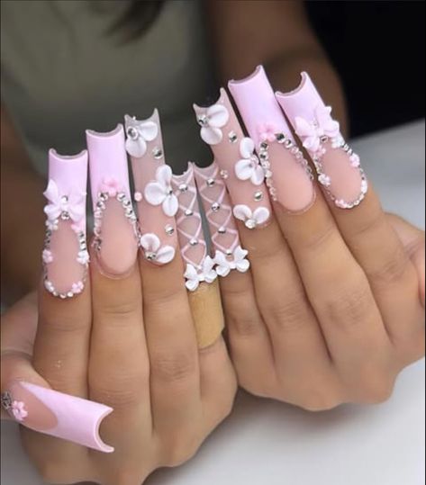 Long Nails With Gems, Nails For Quinceanera, Long Pink Nails, Nails With Bows, Nails With Gems, Neutral Nails Acrylic, Sports Nails, Diy Acrylic Nails, Grunge Nails