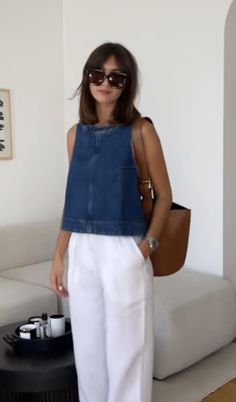 California Cool Fashion, Fashion Inspo Classy, French Fashion Spring 2024, Work Cocktail Party Outfit Summer, Danish Mom Style, Hide Midsection Outfits Style, Denim Top Aesthetic, Preaching Outfits For Women, Scandinavian Outfits Summer