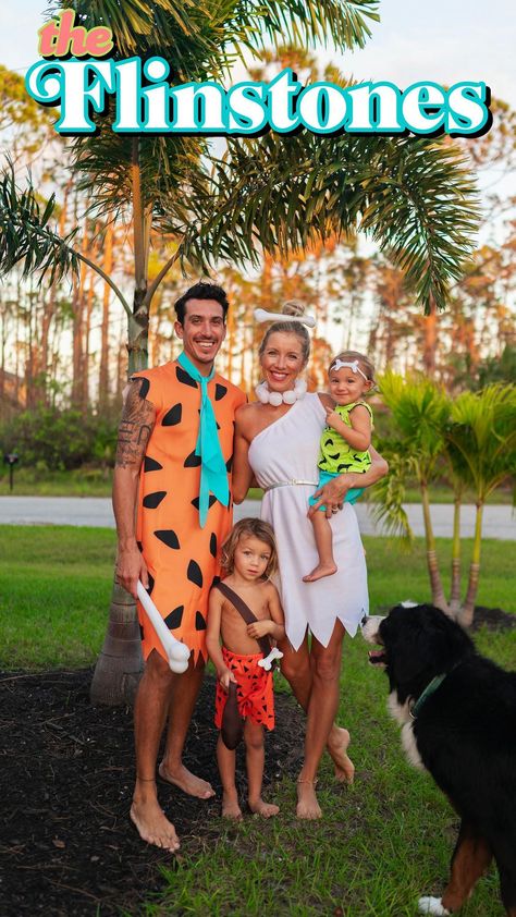 Erin Stanczyk | EatMoveRest on Instagram: "✨Hope you have a yabadoo-time, from our fam-bam to you!✨ . ✨Happy Halloween —the Flinstones!🪨🎃 . ✨What are you and/or your littles going as for Halloween? . #happyhalloween🎃 #flinstones #yabadabadoo" The Flinstone Costume, Flintstone Family Costume, Flintstone Family Halloween Costumes, Barney Betty And Bam Bam Costume, Flinstones Costumes Family, Wilma Fred And Pebbles Costume, Diy Flinstones Family Costume, Diy Flinstone Costume, Flinstone Halloween Costumes