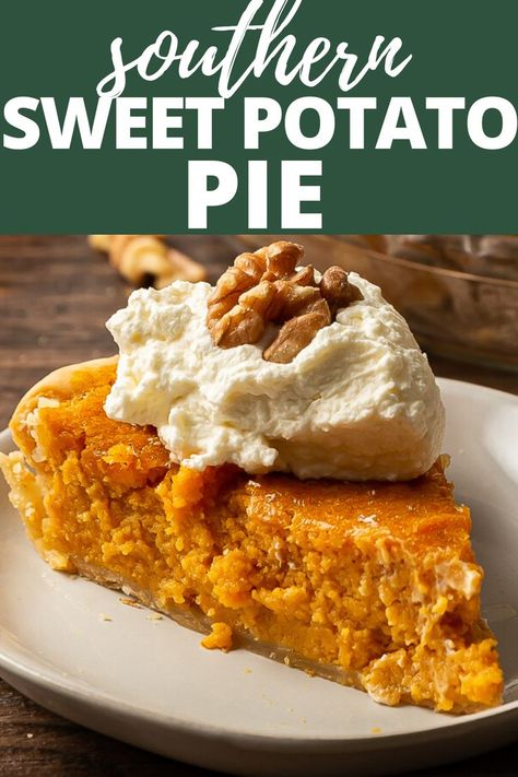 Healthy Sweet Potato Pie, Sweet Potatoes Baked, Southern Sweet Potato Pie, Homemade Sweet Potato Pie, Vegan Sweet Potato Pie, Bourbon Whipped Cream, Holiday Desert, Southern Pies, Sweet Potato Dessert