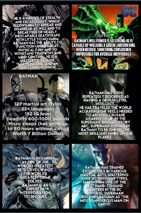 Batman facts dc comics Batman Skills, Batman Comic Quotes, Batman Facts, Comic Book Quotes, Dc Facts, Dc Comics Facts, Superhero Facts, Robin Comics, Drawing Superheroes