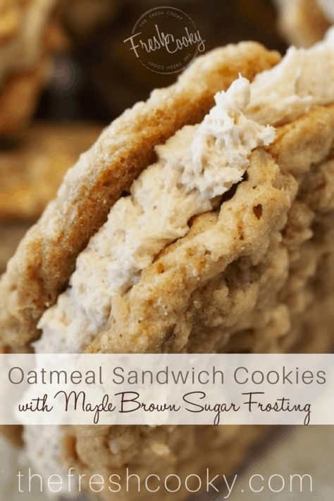 Oatmeal Sandwich Cookie with Maple Brown Sugar Frosting Oatmeal Sandwich Cookies, Maple Oatmeal, Brown Sugar Frosting, Bowl Of Oatmeal, Maple Frosting, Sandwich Cookie, Maple Brown, Sugar Frosting, Sugar Maple