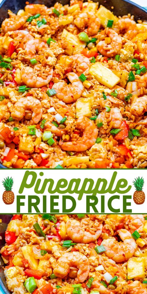 Pineapple Fried Rice - A Hawaiian-inspired shrimp fried rice recipe that's EASY, ready in minutes, and has so much authentic flavor!! A family favorite that's better-than-takeout!! Pineapple Shrimp Fried Rice, Fried Rice With Shrimp, Pineapple Fried Rice Recipe, Rice With Shrimp, Shrimp Fried Rice Recipe, Pineapple Shrimp, Rice Side Dish Recipes, Pineapple Fried Rice, Averie Cooks