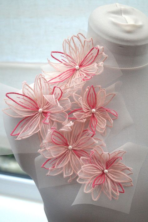 3D Organza flowers finished with glass pearl beads. Making Fabric Flowers, Flower Machine Embroidery Designs, Hand Beaded Embroidery, Handmade Flowers Fabric, Organza Flowers, Couture Embroidery, Bead Embroidery Patterns, Fabric Flowers Diy, Handwork Embroidery Design