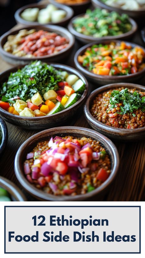 Colorful Ethiopian side dishes, including savory lentil stews and spiced vegetable platters, served in traditional bowls on a wooden table. Ethiopian Dessert Recipes, Easy Ethiopian Recipes, Ethiopian Recipes Authentic, Ethiopian Potatoes, African Dishes Recipes, African Side Dishes, Somalian Food, Ethiopian Food Recipes, Ethiopian Lentils