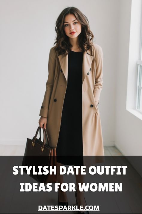 Woman in a beige trench coat over a black dress, holding a brown bag, standing in a sunlit room. Date Dress Classy, Classy Date Outfits, Dress To Impress Classy, Date Outfit Inspiration, Classy Date Night, Ivory Suit, Date Outfit Ideas, Black Silk Blouse, Date Dress