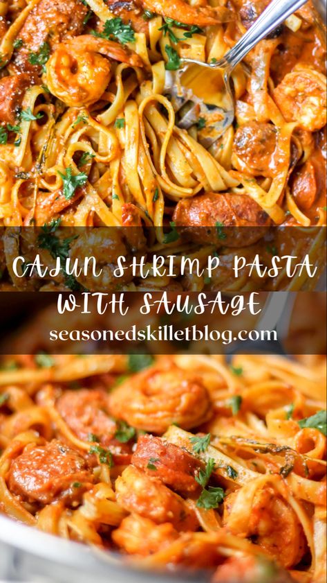 One Pot Creamy Cajun Shrimp Pasta with Sausage is an easy and delicious weeknight one pot pasta dinner recipe. It’s spicy and creamy with sauteed shrimp, smoky andouille sausage, and linguini pasta. Full of bold and mouth watering flavours, simple and quick to pull together it’s one the whole family will enjoy! Shrimp And Kielbasa Pasta, Cajun Shrimp And Andouille Pasta, Cajun Shrimp And Sausage Fettuccine, Cajun Shrimp Recipes Pasta, Andouille Sausage Cajun Pasta, New Orleans Shrimp Pasta, Spicy Cajun Pasta With Andouille Sausage And Shrimp, Andouille Sausage And Pasta, Andouille Sausage Spaghetti